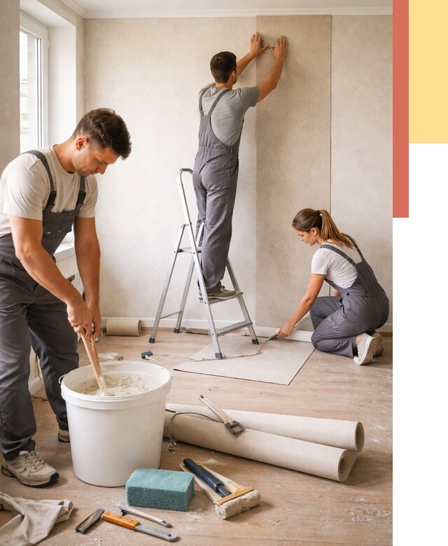 Оклейка стен обоями в Петергофе от 3661 руб/м2 — быстро и недорого | ОТДЕЛОЧНИК-Птф