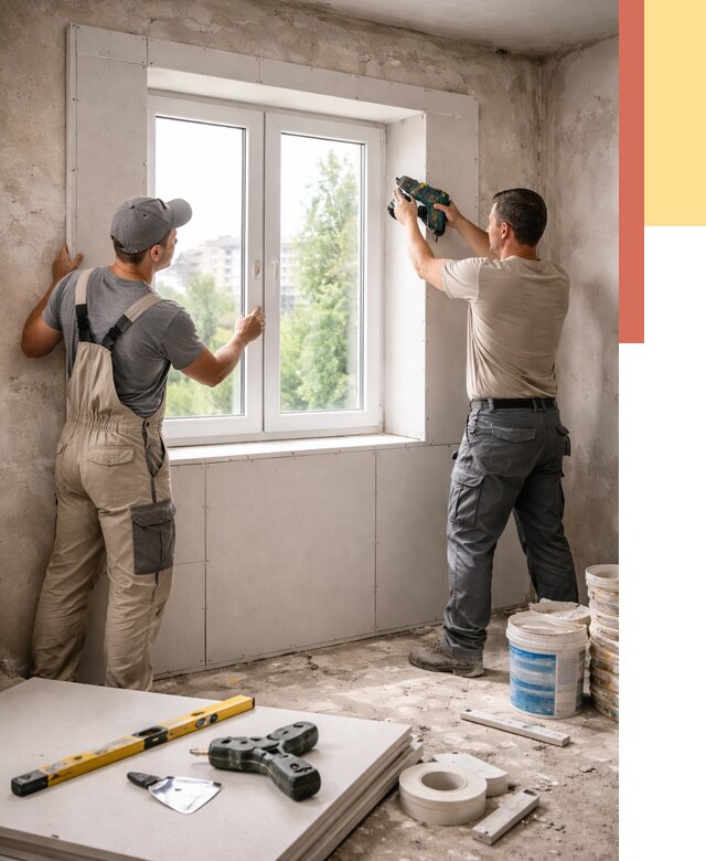 Монтаж откосов из гипсокартона в Петергофе от 4707 руб. под ключ | ОТДЕЛОЧНИК-Птф