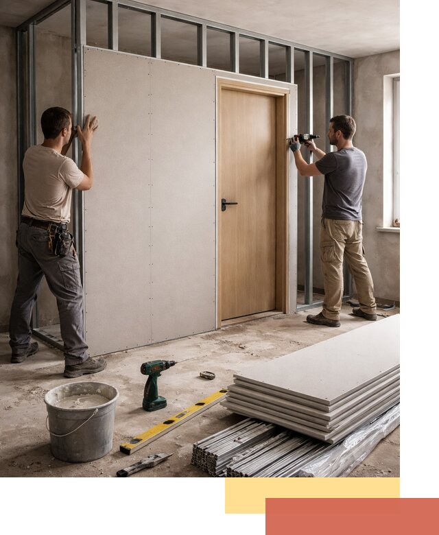 Перегородка из гипсокартона с дверью под ключ в Петергофе