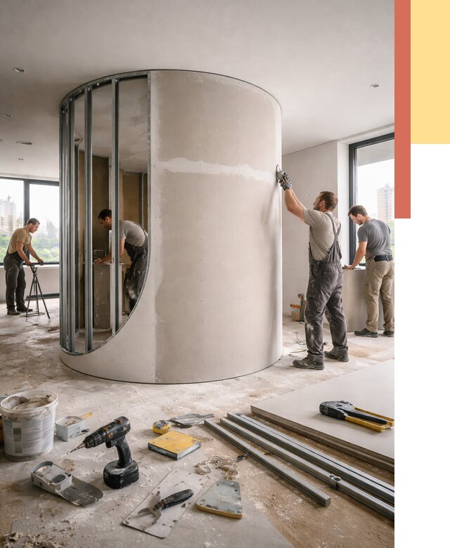 Радиусная перегородка из гипсокартона в Петергофе от 3034 руб. под ключ | ОТДЕЛОЧНИК-Птф