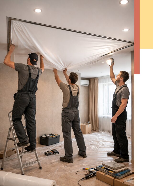 Монтаж ПВХ натяжного потолка в Петергофе от 3661 руб. под ключ | ОТДЕЛОЧНИК-Птф