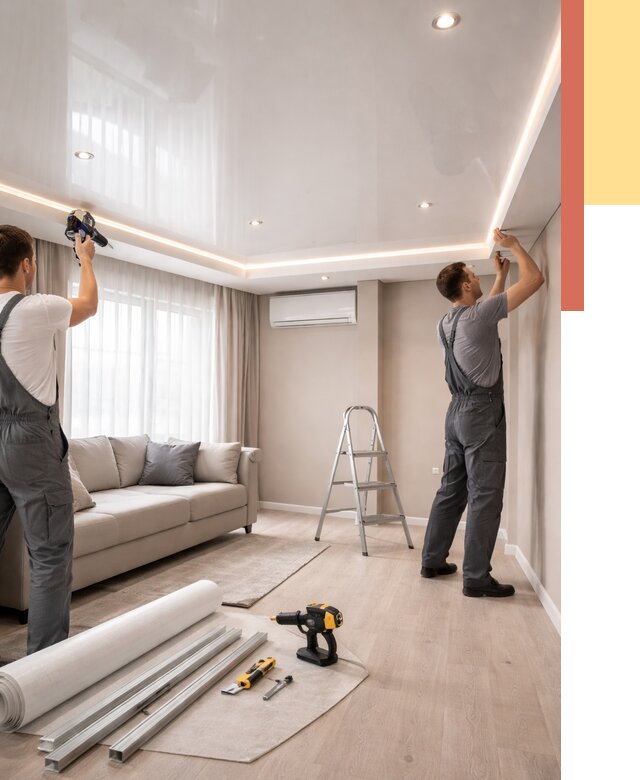 Монтаж глянцевого натяжного потолка в Петергофе от 785 руб. под ключ | ОТДЕЛОЧНИК-Птф