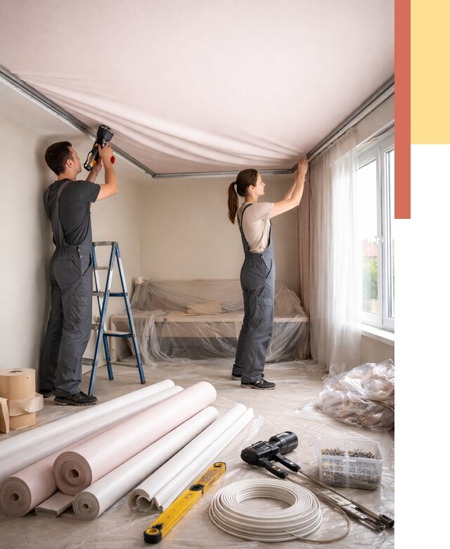 Монтаж цветного натяжного потолка в Петергофе от 4394 руб/м² — быстро и недорого | ОТДЕЛОЧНИК-Птф