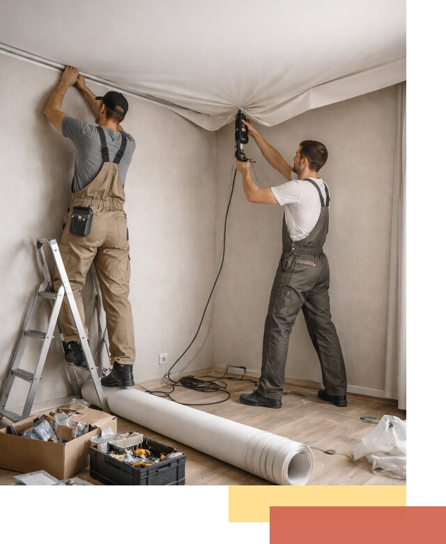 Монтаж цветного натяжного потолка в Петергофе за один день