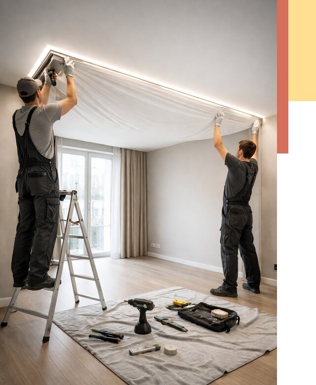 Монтаж парящего натяжного потолка в Петергофе от 4707 руб. быстро и недорого | ОТДЕЛОЧНИК-Птф