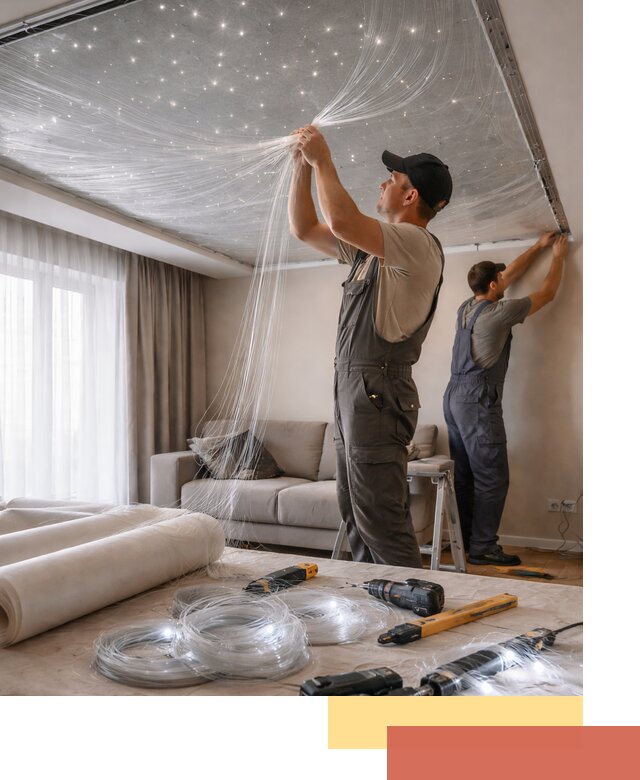 Монтаж натяжного потолка «Звездное небо» в Петергофе