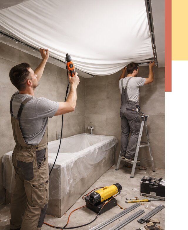 Монтаж натяжного потолка в ванной в Петергофе от 1255 руб. под ключ | ОТДЕЛОЧНИК-Птф