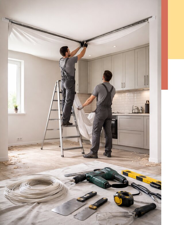 Установка натяжного потолка на кухне в Петергофе от 2511 руб. | ОТДЕЛОЧНИК-Птф