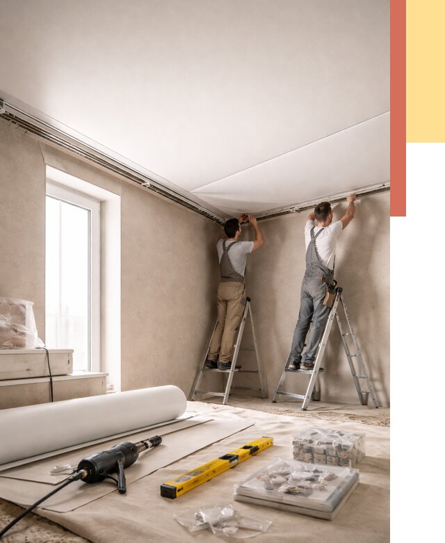 Монтаж натяжного потолка в спальне в Петергофе от 3975 руб. под ключ | ОТДЕЛОЧНИК-Птф