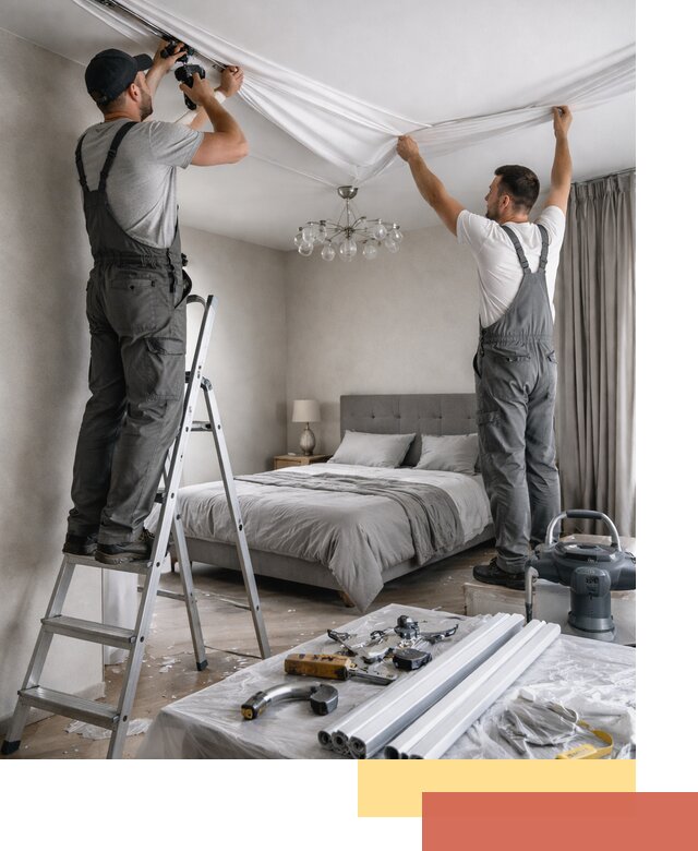 Монтаж натяжного потолка в спальне в Петергофе