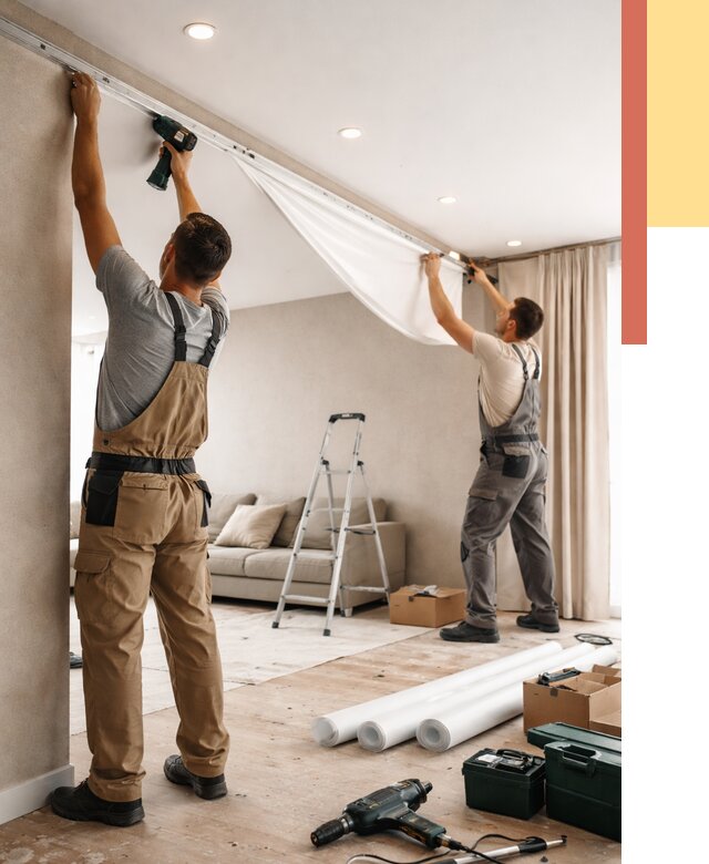 Монтаж натяжного потолка в гостиной в Петергофе от 575 руб. | ОТДЕЛОЧНИК-Птф