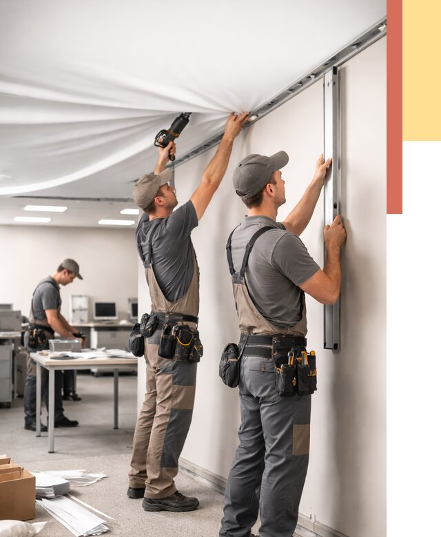 Монтаж натяжного потолка в офисе в Петергофе от 471 руб/м² — быстро и недорого | ОТДЕЛОЧНИК-Птф