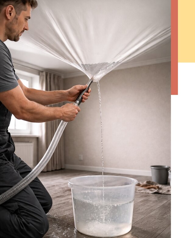 Слив воды с натяжного потолка в Петергофе от 2615 руб. быстро и недорого | ОТДЕЛОЧНИК-Птф