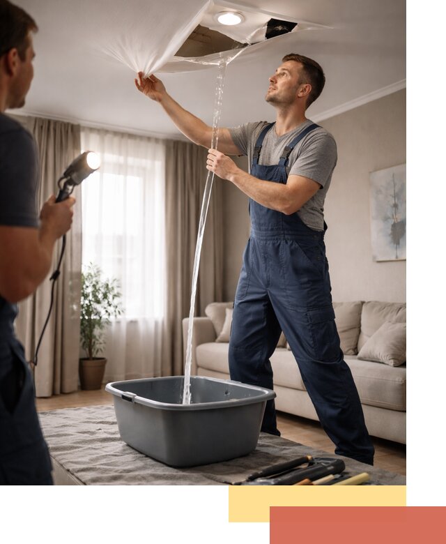 Слив воды с натяжного потолка в Петергофе быстро и аккуратно