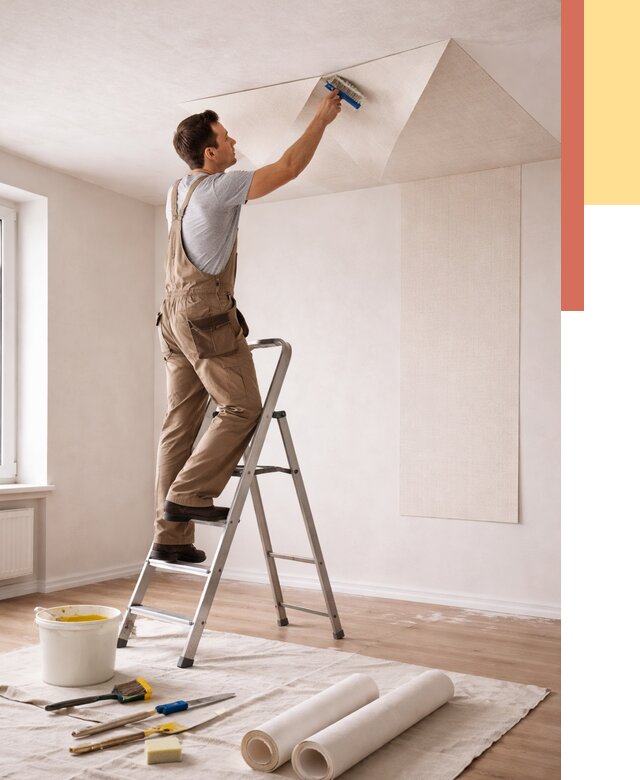 Поклейка обоев на потолок в Петергофе от 4707 руб. быстро и недорого | ОТДЕЛОЧНИК-Птф